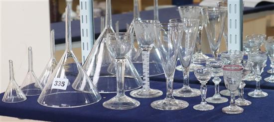 A small quantity of 18th century and other glasswares including an airtwist stem and funnels